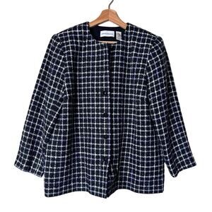 Vintage Alfred Dunner Scoop Neck Sparkle Black and White Plaid Tweed Blazer